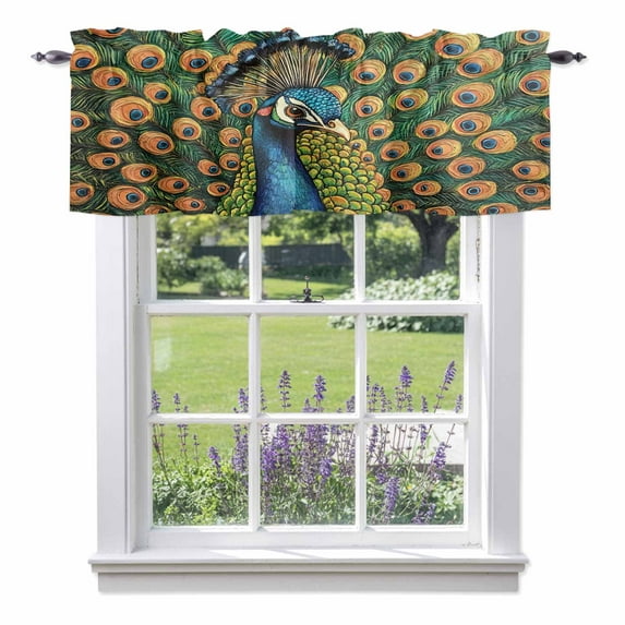 Rustic Feathered Valance Curtain Peacock Animal Abstract Pattern Window Valances Rod Pocket Short Curtains Window Treatments for Kitchen Bedroom Bathroom Laundry 60" x 18"