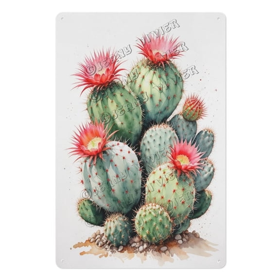 Rustic Ferocactus Cactus Metal Wall Art 8x12 Inch Tin Sign for Garden, Patio, Living Room Vintage Aluminum Cactus Decor for Cactus & Succulent Lovers