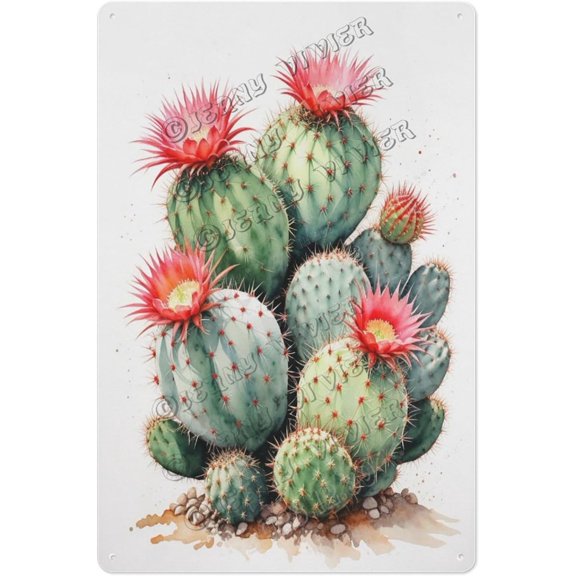 Rustic Ferocactus Cactus Metal Wall Art 8x12 Inch Tin Sign for Garden, Patio, Living Room Vintage Aluminum Cactus Decor for Cactus & Succulent Lovers
