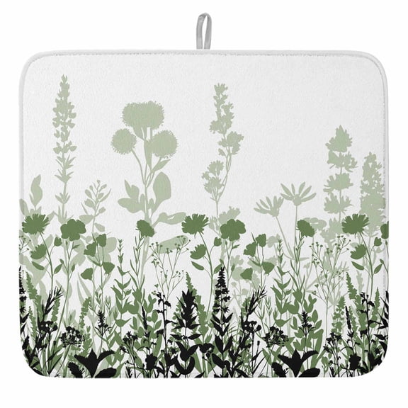 Rustic Field Dish Drying Mat, Silhouette Flower Herb Absorbent Dish Drying Matt Pad for Kitchen Countertops,Sinks,Dish Drainer Racks, Large 18x24inx1PC,, Sage Green