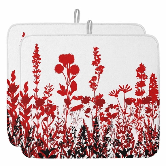 Rustic Field Dish Drying Mat, Silhouette Flower Herb Absorbent Dish Drying Matt Pad for Kitchen Countertops,Sinks,Dish Drainer Racks, Large 18x24inx2 Pcs, Red