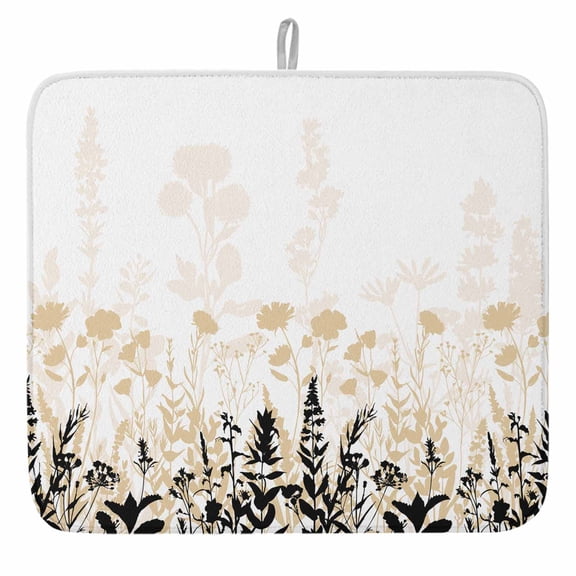 Rustic Field Dish Drying Mat, Silhouette Flower Herb Absorbent Dish Drying Matt Pad for Kitchen Countertops,Sinks,Dish Drainer Racks, Small 16x18inx1PC,, Cream Black