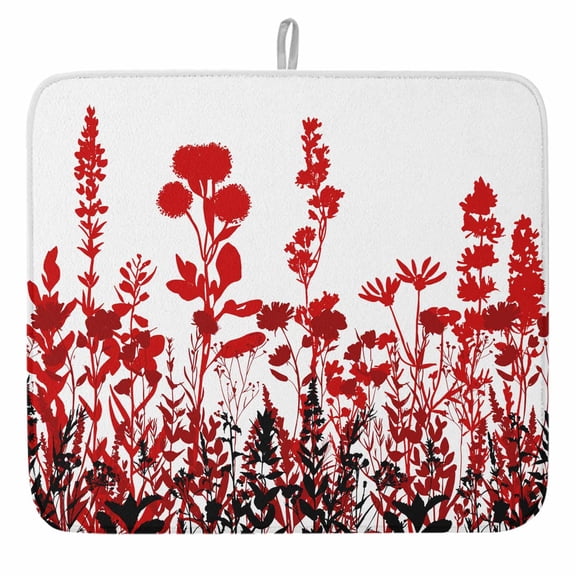 Rustic Field Dish Drying Mat, Silhouette Flower Herb Absorbent Dish Drying Matt Pad for Kitchen Countertops,Sinks,Dish Drainer Racks, Small 16x18inx1PC,, Red