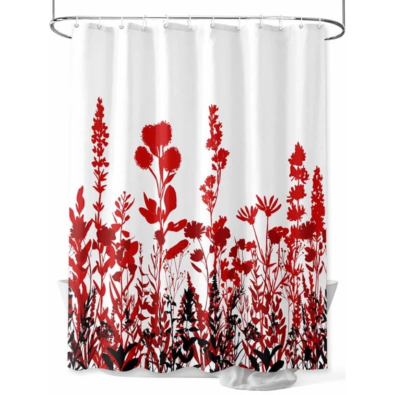 Rustic Field Shower Curtain, Silhouette Flower Herb Bathroom Decor Curtains Set with Hooks, Red Waterproof Fabric Home Accessories, 72 X 72 Inch Long