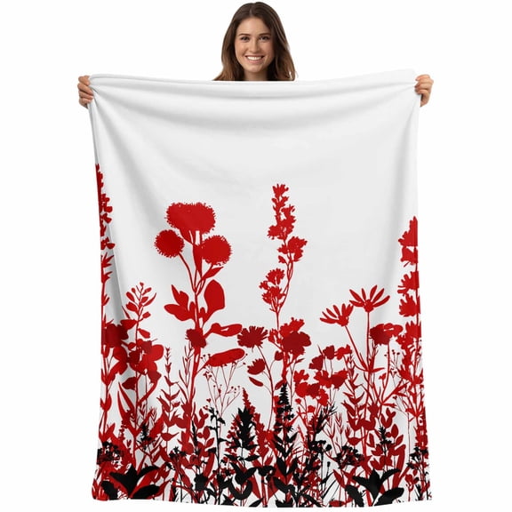Rustic Field Throw Blankets, Silhouette Flower Herb Soft Fleece Blanket Decorative for Home Sofa Couch Chair Living Bedroom, 30x40 Inches, Red