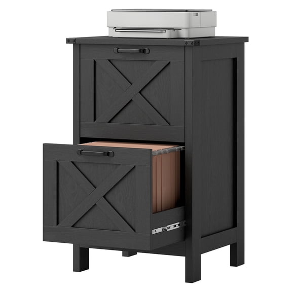 Rustic File Cabinet 2 Drawers, Distressed Black Office Storage - A4/Letter Size, Farmhouse Barn Door Design
