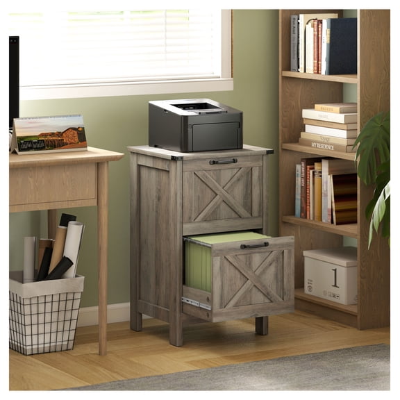 Rustic File Cabinet with 2 Drawers, Distressed Gray Farmhouse Office Storage for A4 Letter Size Documents