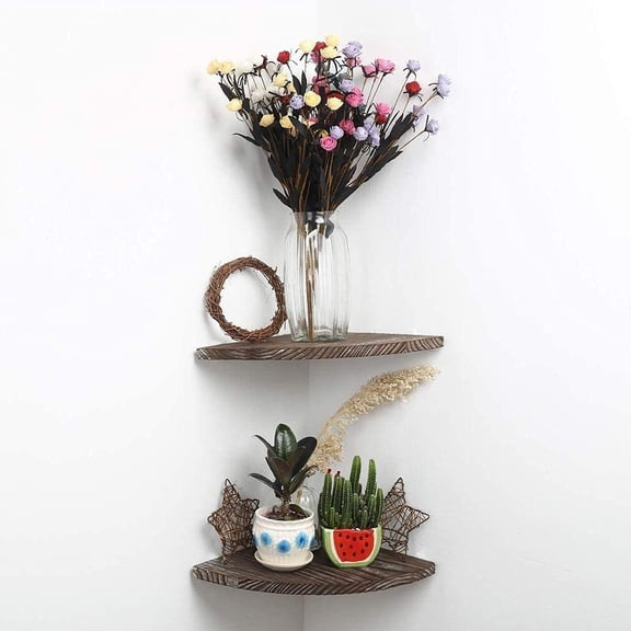 Rustic Finish Floating Shelves for Wall Solid Wood Wall Hanging Shelves Small Corner Shelf 2 Tier Set