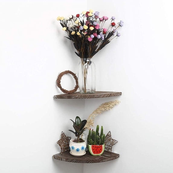 Rustic Finish Floating Shelves for Wall Solid Wood Wall Hanging Shelves Small Corner Shelf 2 Tier Set