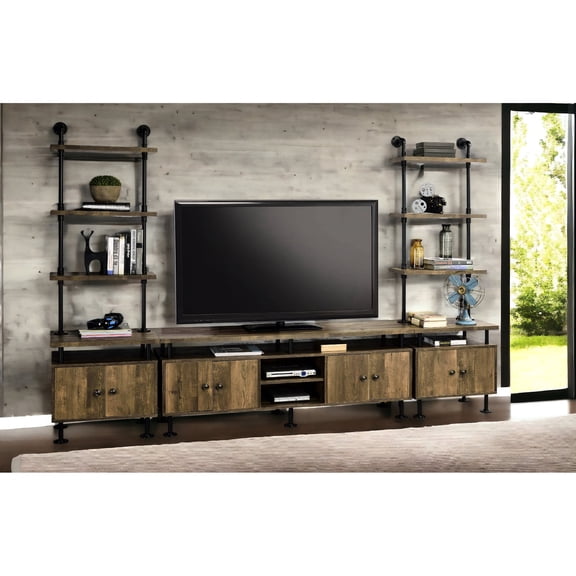 Rustic Finish Metal TV Stand with 4 Open & 4 Door Storage for 50 - 59 Inch Flat Screens in Basement Rec Rooms
