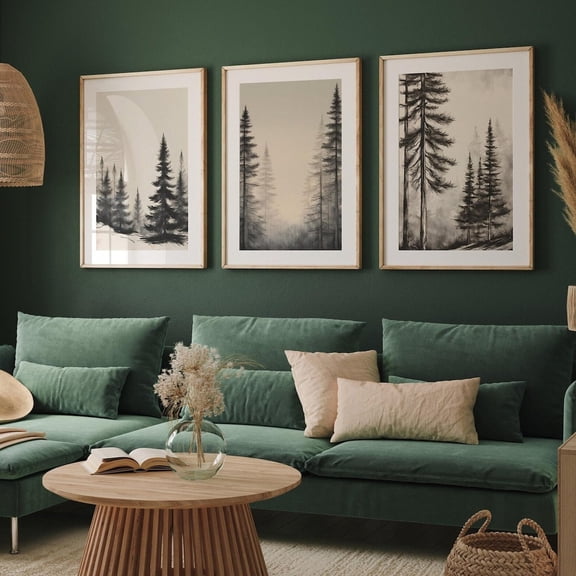 Rustic Fir Tree Sketches Wall Art Minimalist Botanical Decor Set 3 Stretched Canvas 8x12