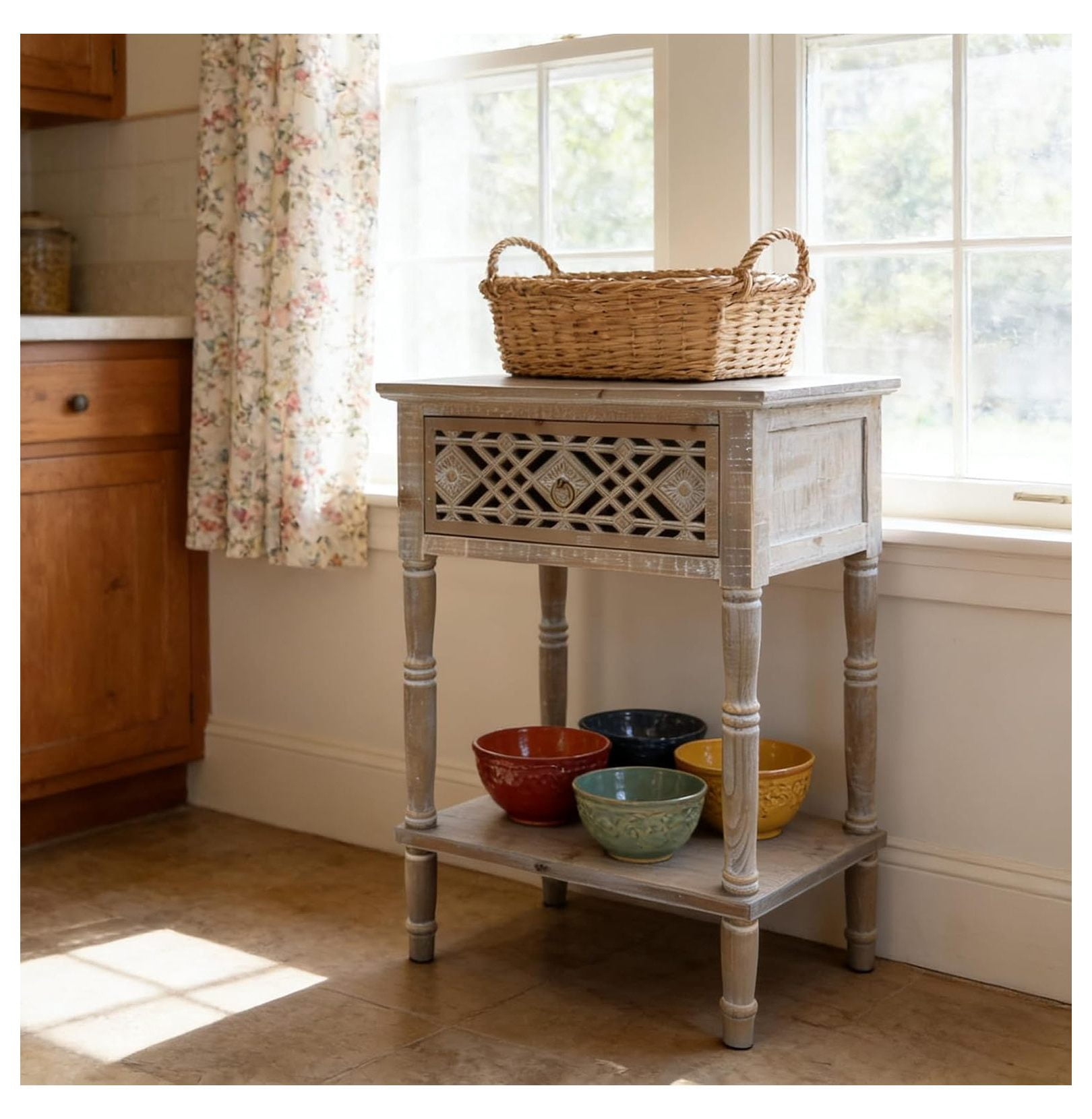 Rustic Java Wood Side Table Rustic Fir Wood End Table with Drawer, Gray Wash Farmhouse Side Table ...