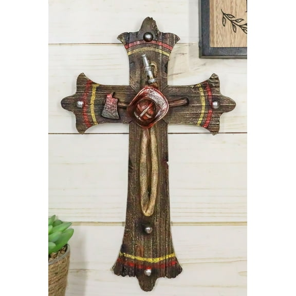 Rustic Fire Fighter Tools Fireman Axe Helmet Water Hose Faux Wood Wall Cross