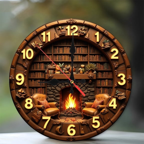 Rustic Fireplace Library Clock Wall Decor 10-Inch Silent Wooden Wall Clock, Battery Operated (AA Batteries Not Included), Artistic Home Decor