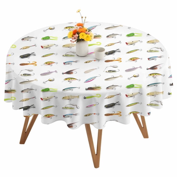 Rustic Fish Hook Round Tablecloth 54 inches Minimalist Colored Fishing Bait Modern Art Waterproof Oil-Proof Table Cloth Round Table Cover for Holiday Party Picnic Dinner Decor Indoor and Outdoor Use