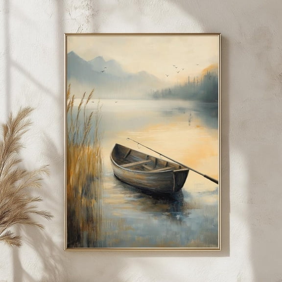 Rustic Fishing Boat on Lake Serene Outdoor Quiet Nature Landscape, Stretched Canvas 16x20in
