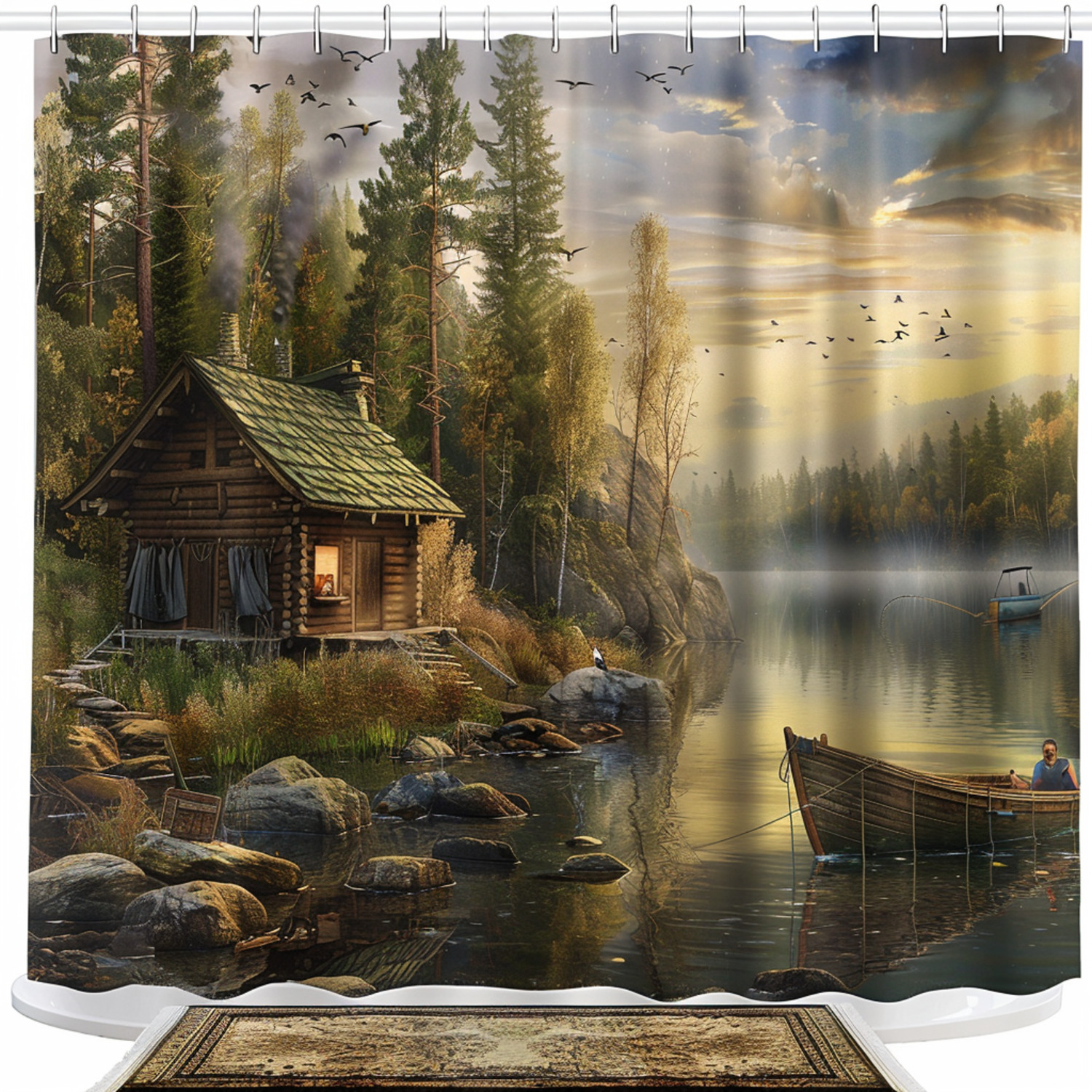 Rustic Fishing Cabin Lake Shower Curtain Set Forest Landscape Design ...