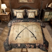 Erosebridal Rustic Fishing Queen Comforter Set 7 Piece Gifts Men,Retro Camo Fishing Rod Bedding Set Country Style Farmho
