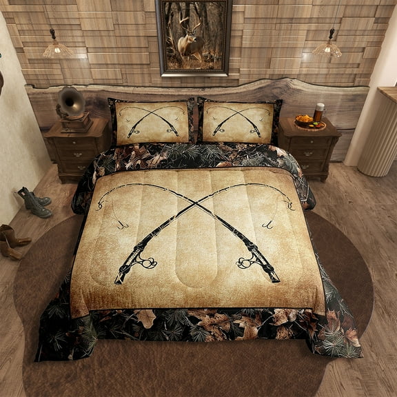Rustic Fishing Queen Comforter Set Gifts Men Women,Retro Camo Fishing Rod Bedding Set Country Farmhouse Lake Cabin Quilt Bedding Sets Tree Branch Camouflage Bed Set 3 Pcs