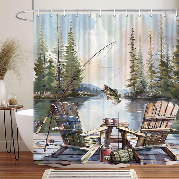 Rustic Fishing Shower Curtain, Country Lodge Cabin Bass Fish Lake Shower Curtain, Funny RV Farmhouse Hunting Camp Forest Nature Art Fisherman Shower Curtain for Bathroom-36"W x 72"L (Pack of 1)