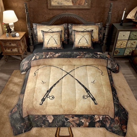 Erosebridal Rustic Fishing Twin Comforter Set 7 Piece Gifts Men,Retro Camo Fishing Rod Bedding Set Country Style Farmhouse Lake Cabin Bed In A Bag Woman With Sheets Tree Camouflage Bed Set