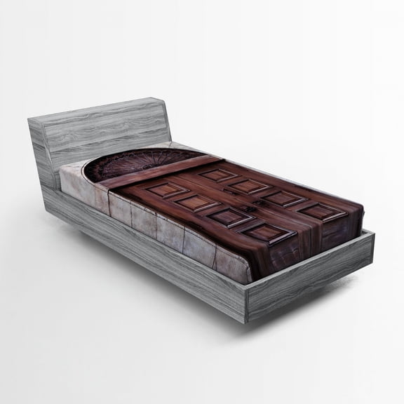 Rustic Fitted Sheet, Arched Wooden Venetian Door with Eastern Royal Ottoman Elements European Culture, Soft Decorative Fabric Bedding, Twin XL Size, Brown Cream, by Ambesonne