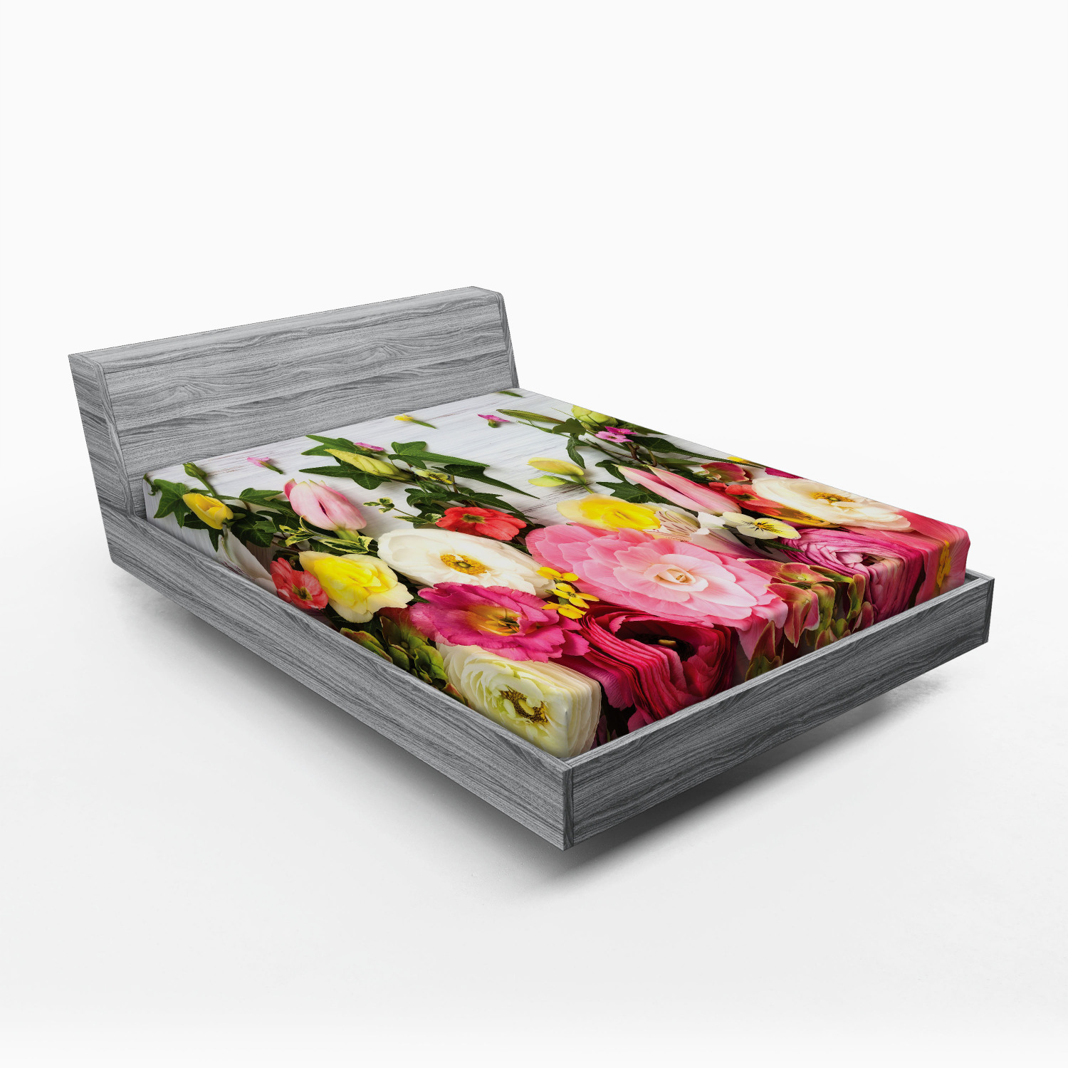 Rustic Fitted Sheet, Bunch of Flowers Ranunculus on Wood Backdrop Rose