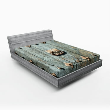 Rustic Fitted Sheet, European with Rusty Old Door Knocker Gothic Medieval Times Spanish Style, Soft Decorative Fabric Bedding, Full Size, Turquoise, by Ambesonne