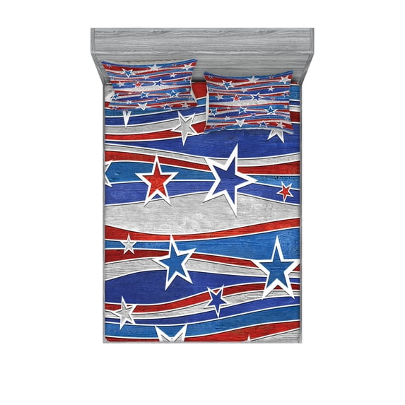 Rustic Fitted Sheet & Pillow Sham Set, Abstract Design Pattern of Patriotic American Flag USA National Image, Decorative Printed 6 Piece Bedding Decor Set, Full, Red Blue and White, by Ambesonne
