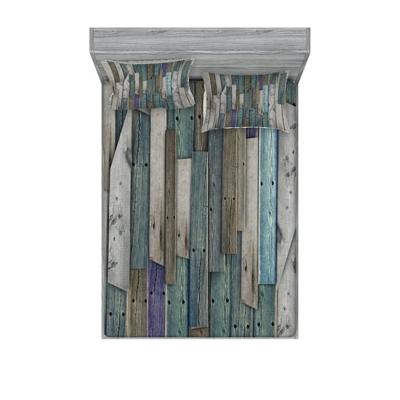 Rustic Fitted Sheet & Pillow Sham Set, Blue Grey Grunge Wood Planks Barn House Door Nails Country Life Theme Art, Decorative 6 Piece Bedding Decor Set, Calking, Umber Pale Teal Plum, by Ambesonne