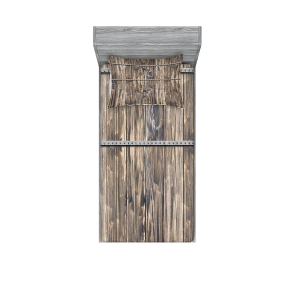 Rustic Fitted Sheet & Pillow Sham Set, Image of Wooden Planks with Screws and Nails Farmhouse Theme Log Cabin Print, Decorative Printed 4 Piece Bedding Decor Set, Twin, Brown and Grey, by Ambesonne