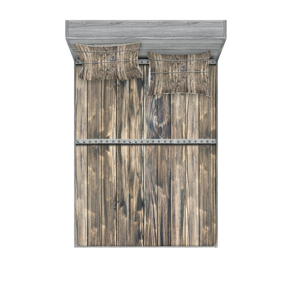 Rustic Fitted Sheet & Pillow Sham Set, Image of Wooden Planks with Screws and Nails Farmhouse Theme Log Cabin Print, Decorative Printed 6 Piece Bedding Decor Set, Full, Brown and Grey, by Ambesonne