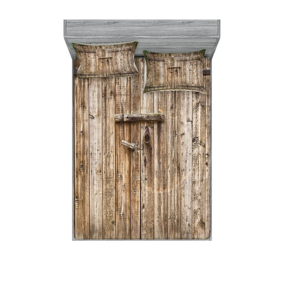 Rustic Fitted Sheet & Pillow Sham Set, Old Oak Closed Garage Door with Steel Hinges Vintage Typical Cottage Doorway Image, Decorative Printed 6 Piece Bedding Decor Set, Queen, Tortilla, by Ambesonne