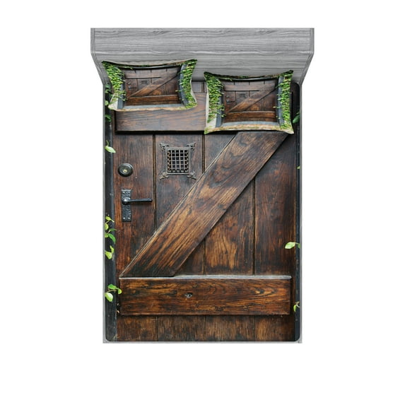 Rustic Fitted Sheet & Pillow Sham Set, Small Spanish Style Dark Stained Wood Door Secret Garden with Grated Window Picture, Decorative 6 Piece Bedding Decor Set, Queen, Brown Green, by Ambesonne