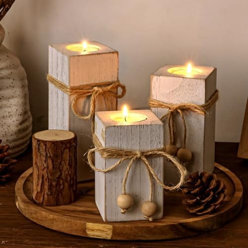 Rustic Flameless LED Candles 3-Pack, Battery Operated Candles with Wooden Candle Holders, White Rustic Farmhouse Decor, Farmhouse Candle Holder for Valentines Holiday Party Home Decor