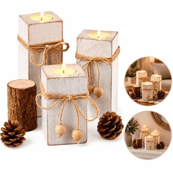 3Pack Rustic Flameless LED Candles with Wooden Holders, White Farmhouse Decor, Batteries Not Included for Valentine Party & Home Decoration