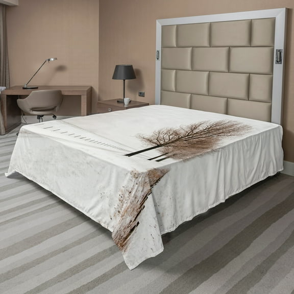 Ambesonne Nature Flat Sheet, Snow Winter Frozen, King Size, White Brown