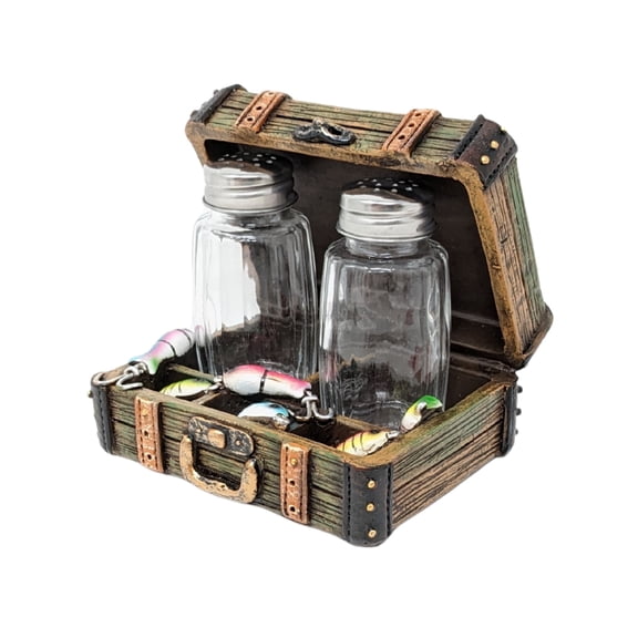 Rustic Flavor Reel Good Seasoning Salt & Pepper Holder – Cabin Lake House Kitchen Tabletop Decor, Lodge Wildlife Counter Accent, Fishing Inspired Resin Shaker Set, Housewarming Gift for Fishing Lover