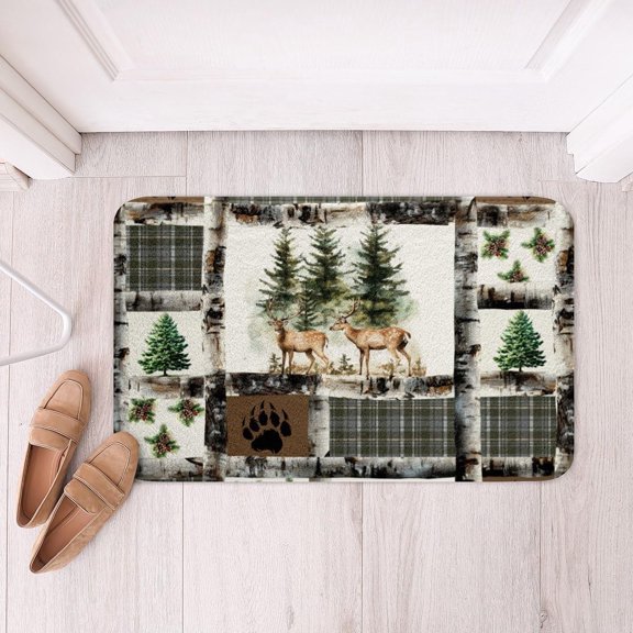 Rustic Fleece Door Mat With Deer And Bear Paw Print Non Slip Polyester Bath Rug Cabin Bathroom Floor Indoor Doormat 16x24 Inch