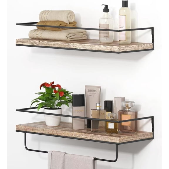 Rustic  Floating Shelves - Set of 2, Wall Mounted  Shelves with Black Towel Rack, Decorative Storage Shelves for Bathroom, Kitchen, Living Room & Bedroom (Light , 15.7 Inches)