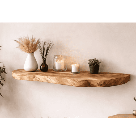 Rustic Floating Wall Shelf, Solid Wood, Live Edge Design, Natural Wood Grain