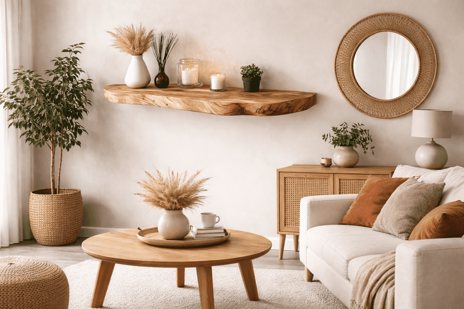 Rustic Floating Wall Shelf, Solid Wood, Live Edge Design, Natural Wood Grain