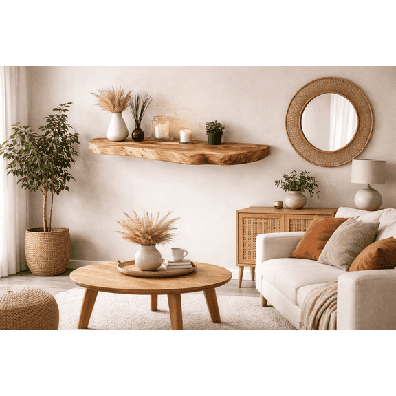 Rustic Floating Wall Shelf, Solid Wood, Live Edge Design, Natural Wood Grain