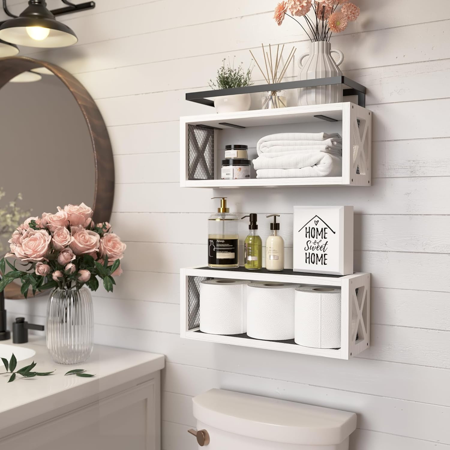 White Rustic Floating Wood Shelves with Guardrail