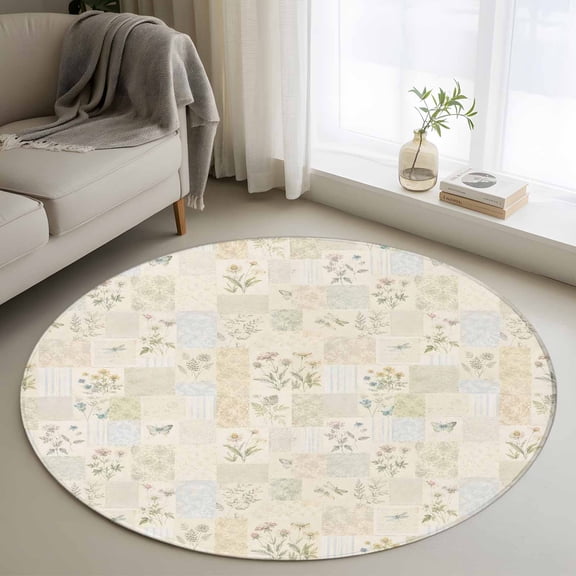 Rustic Floral 3FT Round Area Rug Garden Rosebud Flower Shabby Chic French Country Soft Small Round Rugs Non-Slip, Ultra-Thin Washable Rug Low Pile Circle Carpet for Bedroom Kitchen Nursery