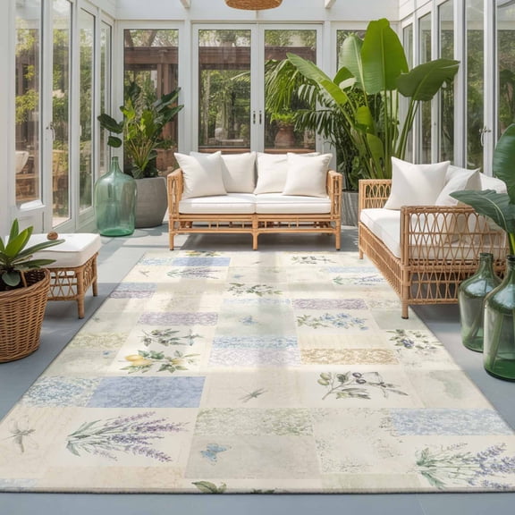 Rustic Floral 6'x9' Large Area Rugs Garden Flower Lavender Shabby Chic French Country Washable Area Rugs Non-Slip Indoor Floor Mats Large Carpet for Living Room Bedroom Dining Room