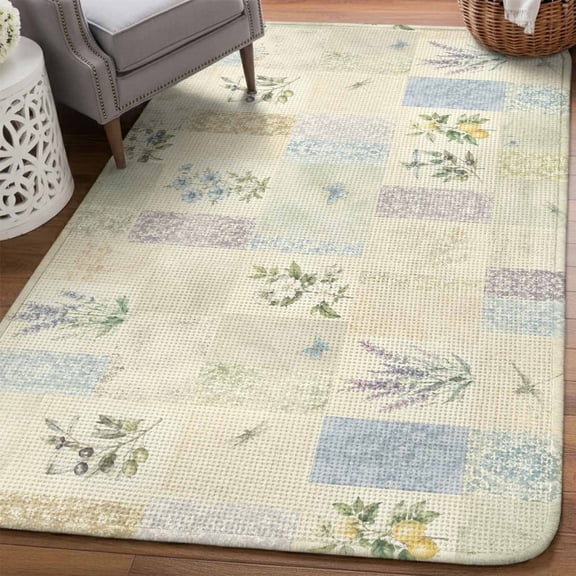 Rustic Floral Area Rugs for Living Room 5x6, Garden Flower Lavender Shabby Chic French Country Washable Area Rug Non Slip, Stain Resist Linen Carpet for Bedroom, Dining Room, Entryway, Entrance