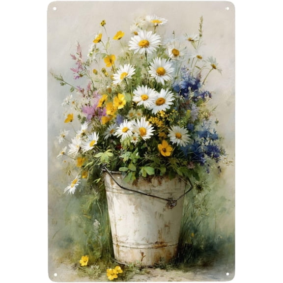 Rustic Floral Arrangement Metal Tin Sign, Shabby Chic Wall Decor, Indoor Outdoor Tinplate Wall Art for Shed or Sunroom, Nature Theme Aluminum Poster, 8x12 Inch