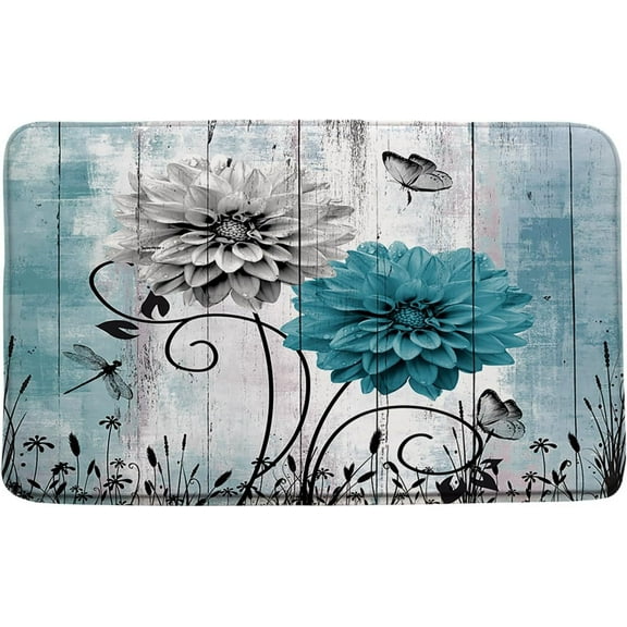 Rustic Floral Bath Mat Teal Gray Dahlia Flower Vintage Wooden Board Butterfly Shabby Country Bathroom Kitchen Rugs,17.8x29.5 Inch