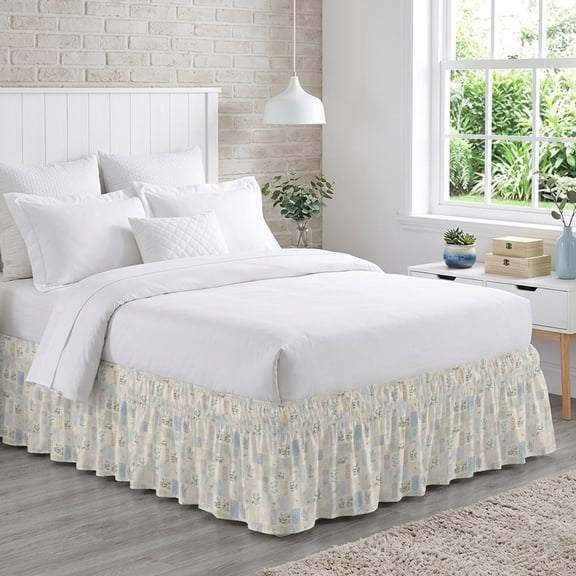 Rustic Floral Bed Skirt California King Size 18 Inch Drop, Garden Flower Lavender Shabby Chic French Country Adjustable Elastic Dust Ruffles Bedskirt Wrap Around Pleated Mattress Frame Cover